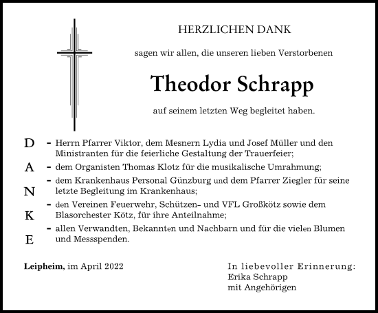 Traueranzeige von Theodor Schrapp von Günzburger Zeitung