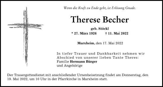 Traueranzeige von Therese Becher von Donauwörther Zeitung