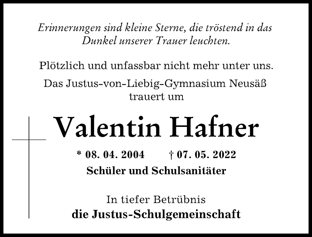  Traueranzeige für Valentin Hafner vom 14.05.2022 aus Augsburger Allgemeine