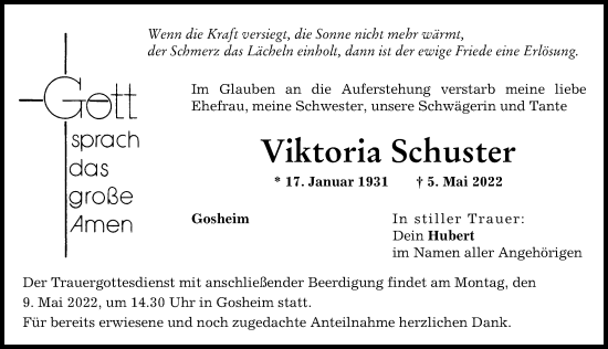 Traueranzeige von Viktoria Schuster von Donauwörther Zeitung