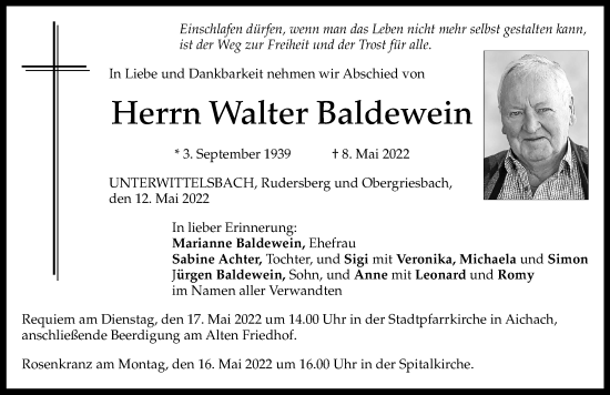 Traueranzeige von Walter Baldewein von Aichacher Nachrichten