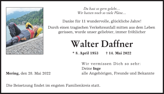 Traueranzeige von Walter Daffner von Friedberger Allgemeine