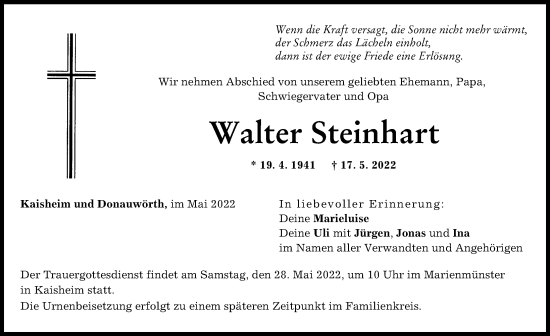 Traueranzeige von Walter Steinhart von Donauwörther Zeitung