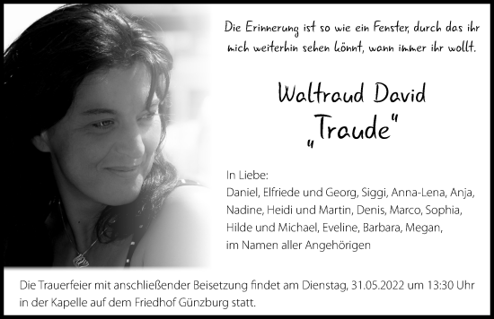 Traueranzeige von Waltraud David von Günzburger Zeitung