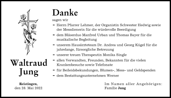 Traueranzeige von Waltraud Jung von Donau Zeitung