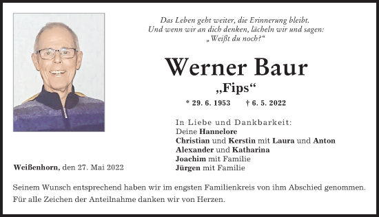 Traueranzeige von Werner Baur von Neu-Ulmer Zeitung