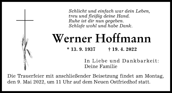 Traueranzeige von Werner Hoffmann von Augsburger Allgemeine