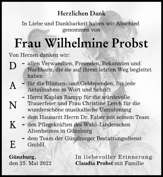 Traueranzeige von Wilhelmine Probst von Günzburger Zeitung