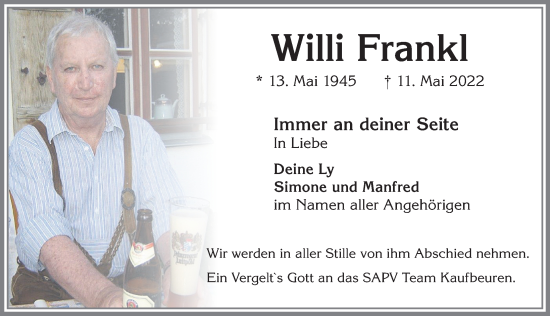 Traueranzeige von Willi Frankl von Landsberger Tagblatt, Augsburger Allgemeine