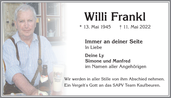 Traueranzeige von Willi Frankl von Mindelheimer Zeitung