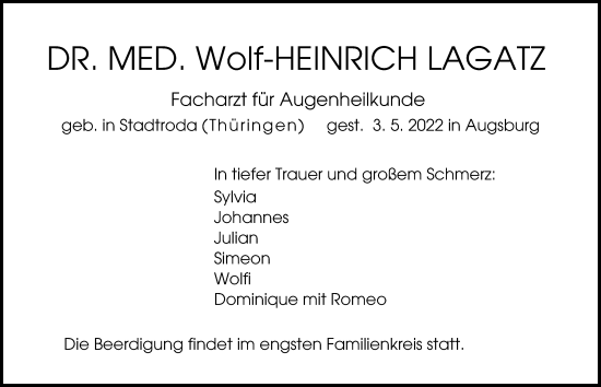 Traueranzeige von Wolf-Heinrich Lagatz von Augsburger Allgemeine
