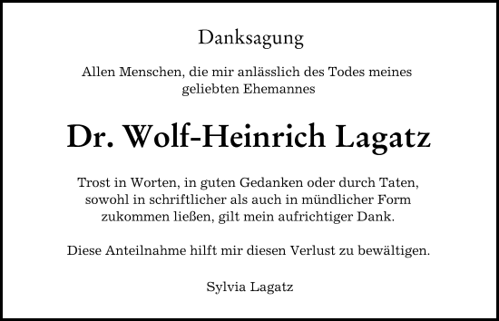 Traueranzeige von Wolf-Heinrich Lagatz von Augsburger Allgemeine