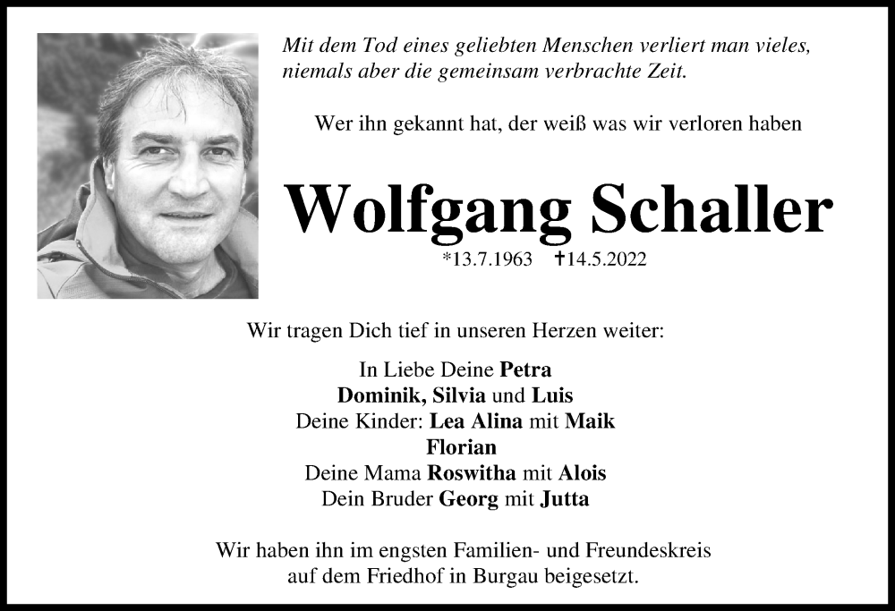  Traueranzeige für Wolfgang Schaller vom 28.05.2022 aus Günzburger Zeitung
