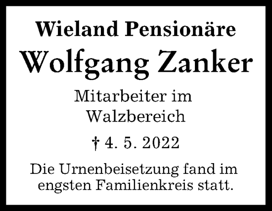 Traueranzeige von Wolfgang Zanker von Illertisser Zeitung, Neu-Ulmer Zeitung