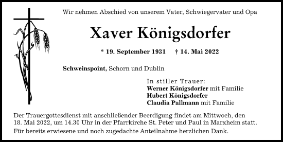 Traueranzeige von Xaver Königsdorfer von Donauwörther Zeitung