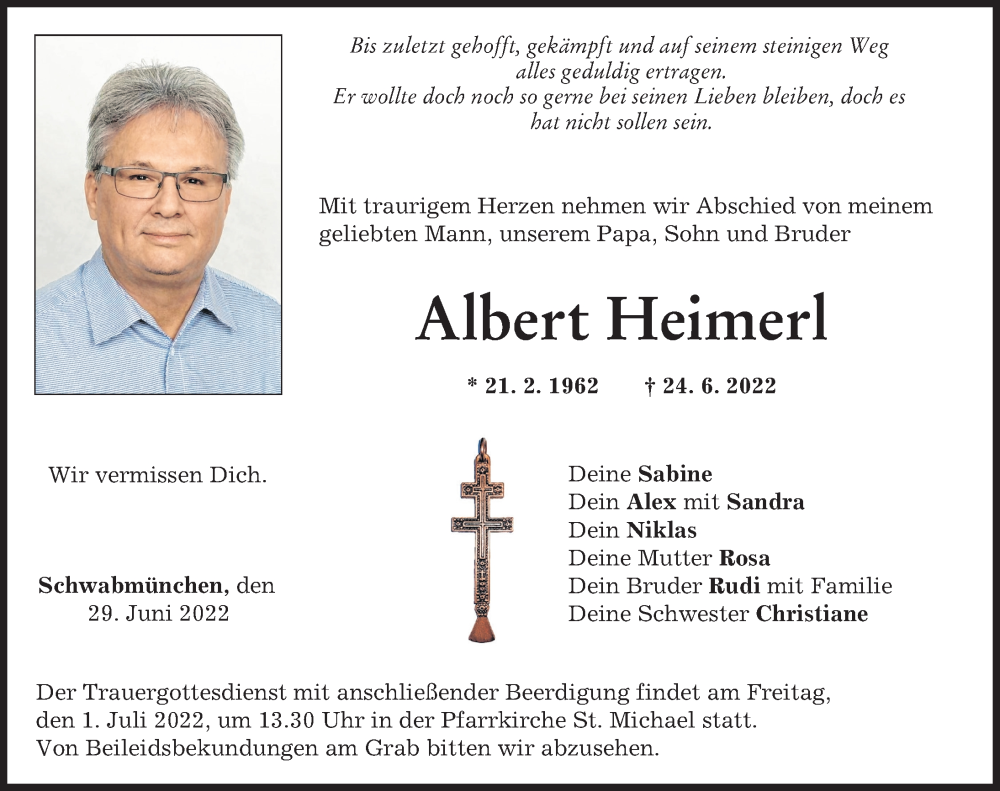  Traueranzeige für Albert Heimerl vom 29.06.2022 aus Schwabmünchner Allgemeine