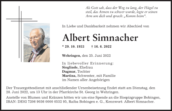Traueranzeige von Albert Simnacher von Schwabmünchner Allgemeine