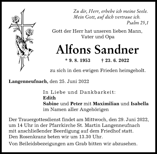 Traueranzeige von Alfons Sandner von Augsburger Allgemeine