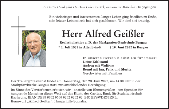Traueranzeige von Alfred Geißler von Donau Zeitung, Günzburger Zeitung