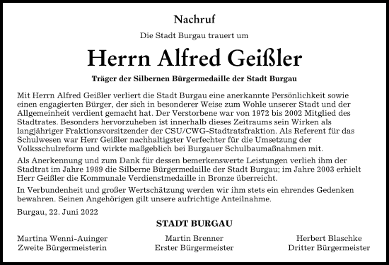 Traueranzeige von Alfred Geißler von Günzburger Zeitung