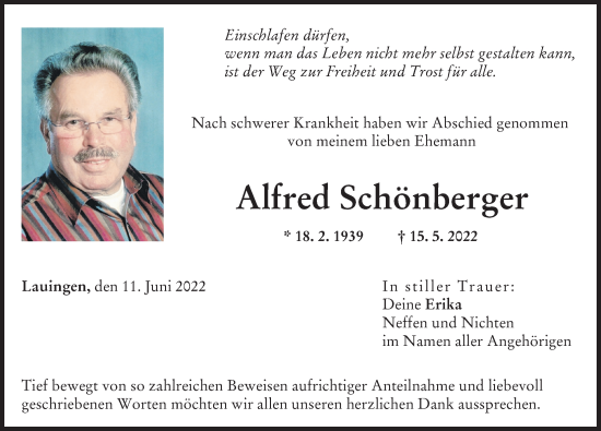 Traueranzeige von Alfred Schönberger von Donau Zeitung