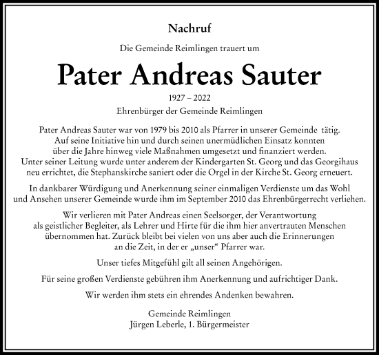 Traueranzeige von Andreas Sauter von Rieser Nachrichten