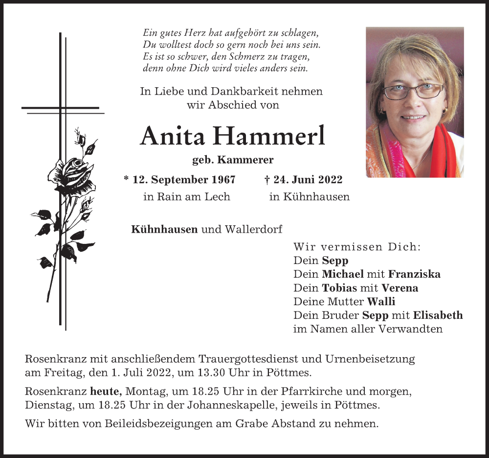  Traueranzeige für Anita Hammerl vom 27.06.2022 aus Donauwörther Zeitung, Aichacher Nachrichten
