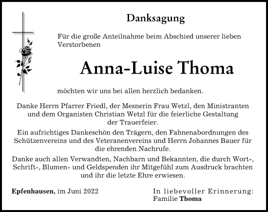 Traueranzeige von Anna-Luise Thoma von Landsberger Tagblatt