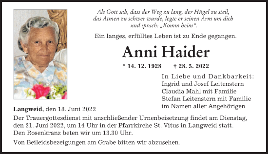 Traueranzeige von Anni Haider von Augsburger Allgemeine