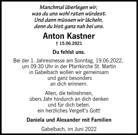 Traueranzeige von Anton Kastner von Augsburg-Land