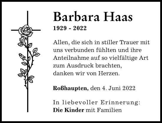 Traueranzeige von Barbara Haas von Günzburger Zeitung