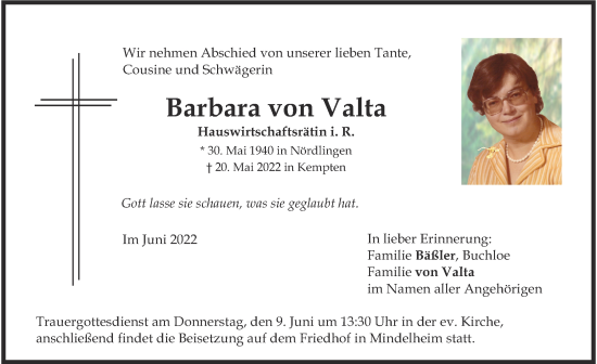 Traueranzeige von Barbara von Valta von Mindelheimer Zeitung