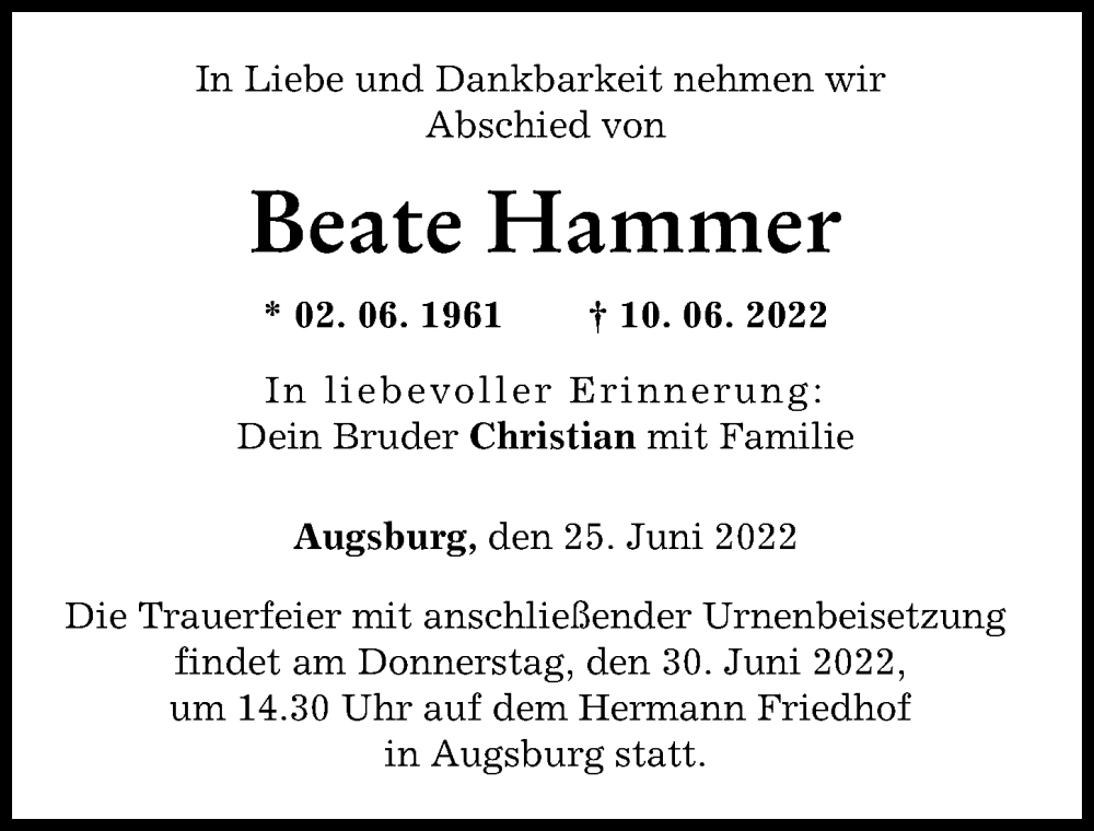  Traueranzeige für Beate Hammer vom 25.06.2022 aus Augsburger Allgemeine