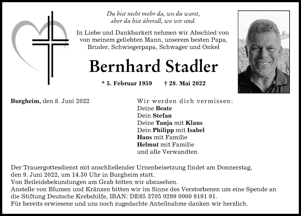  Traueranzeige für Bernhard Stadler vom 08.06.2022 aus Neuburger Rundschau