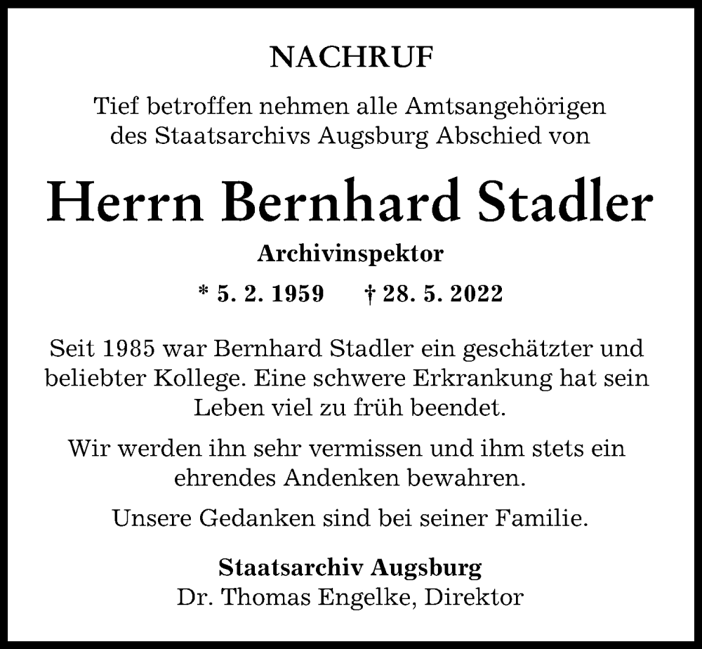  Traueranzeige für Bernhard Stadler vom 04.06.2022 aus Neuburger Rundschau