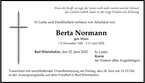 Traueranzeige von Berta Normann von Mindelheimer Zeitung