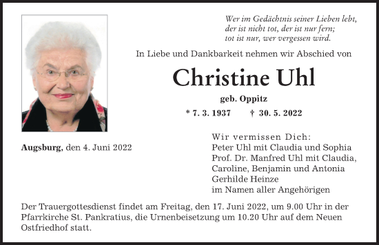 Traueranzeige von Christine Uhl von Augsburger Allgemeine