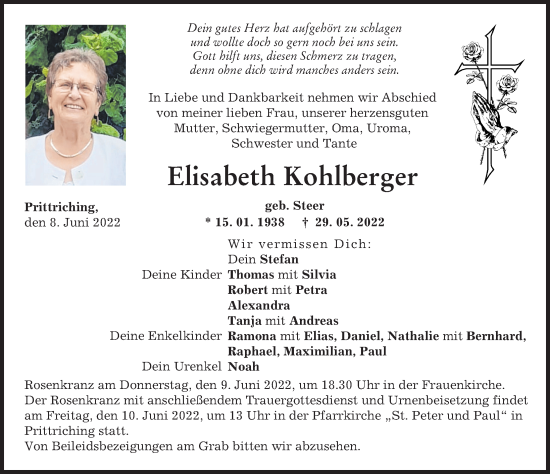 Traueranzeige von Elisabeth Kohlberger von Landsberger Tagblatt