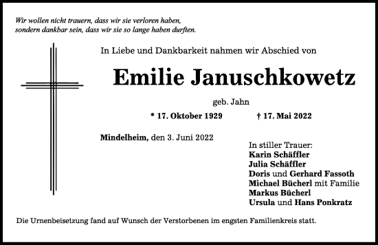 Traueranzeige von Emilie Januschkowetz von Mindelheimer Zeitung