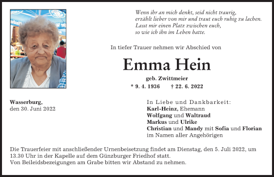 Traueranzeige von Emma Hein von Günzburger Zeitung