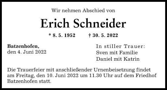 Traueranzeige von Erich Schneider von Augsburger Allgemeine