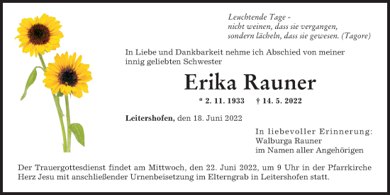 Traueranzeige von Erika Rauner von Augsburger Allgemeine