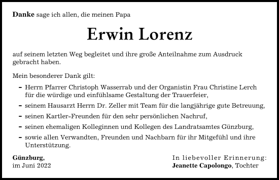 Traueranzeige von Erwin Lorenz von Donau Zeitung, Günzburger Zeitung