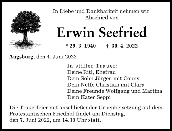 Traueranzeige von Erwin Seefried von Augsburger Allgemeine