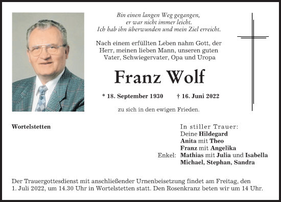 Traueranzeige von Franz Wolf von Wertinger Zeitung