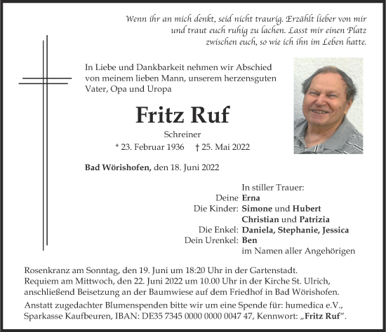 Traueranzeige von Fritz Ruf von Mindelheimer Zeitung