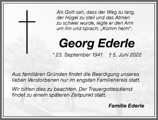 Traueranzeige von Georg Ederle von Illertisser Zeitung, Augsburger Allgemeine