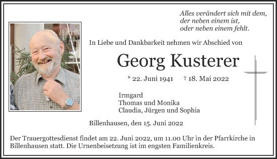Traueranzeige von Georg Kusterer von Mittelschwäbische Nachrichten