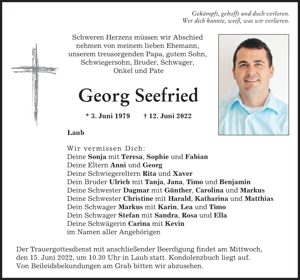  Traueranzeige für Georg Seefried vom 14.06.2022 aus Rieser Nachrichten, Donauwörther Zeitung