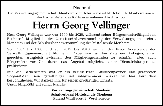 Traueranzeige von Georg Vellinger von Donauwörther Zeitung